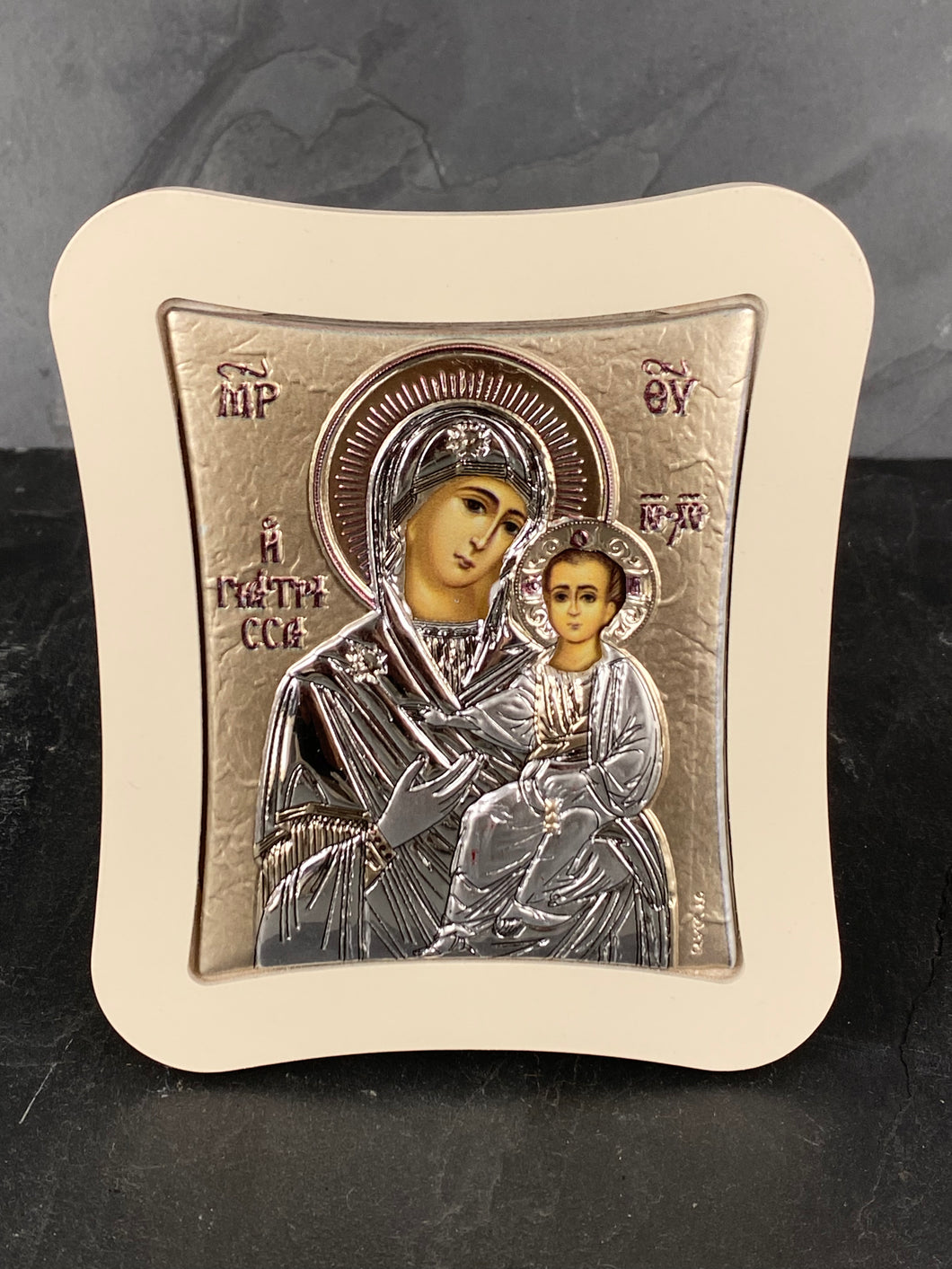 An original copy of Byzantine Holy Icon Giatrissa Rose Gold  made with 925* Silver on White Wood SI45