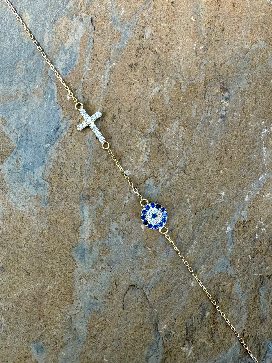 14k Yellow Gold Bracelet with Cross and Precious Stones  YGB12