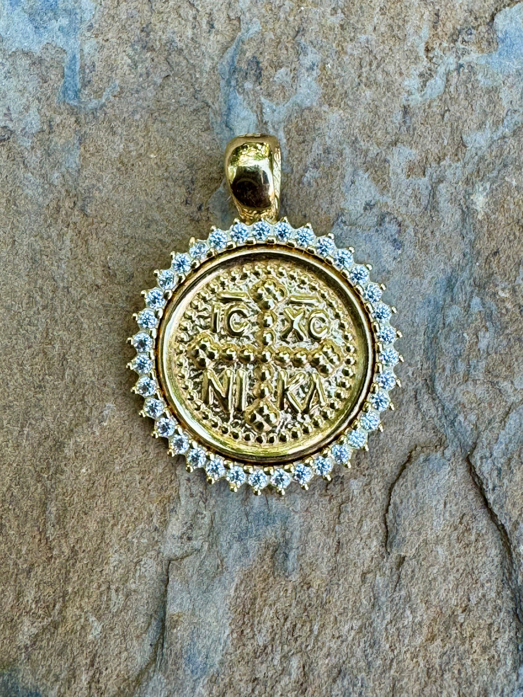 14k Yellow Gold Konstantinato Pendant with Precious Stones Single Sided GKP12