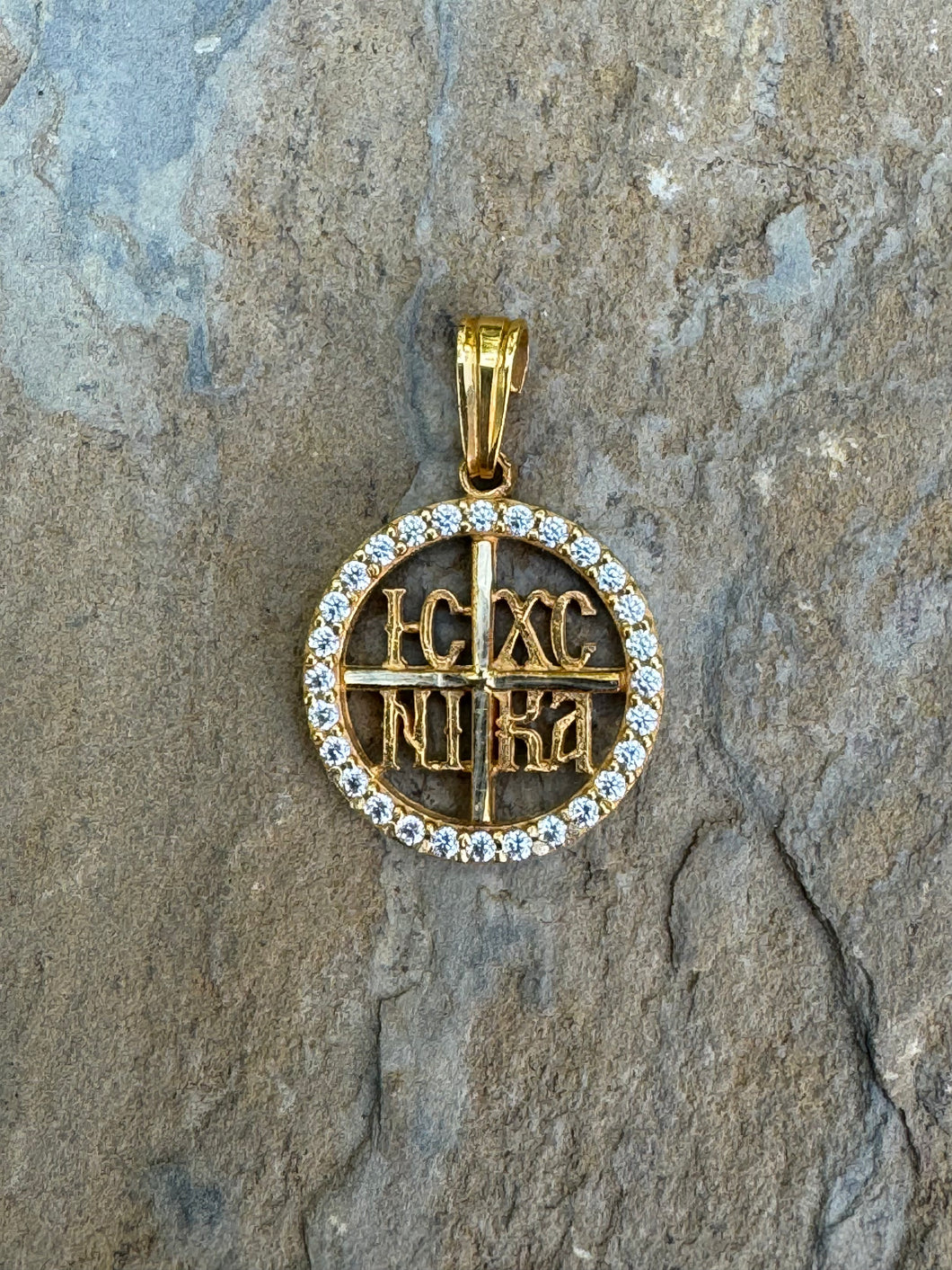 14k Yellow Gold Konstantinato Pendant with Precious Stones Single Sided GKP11