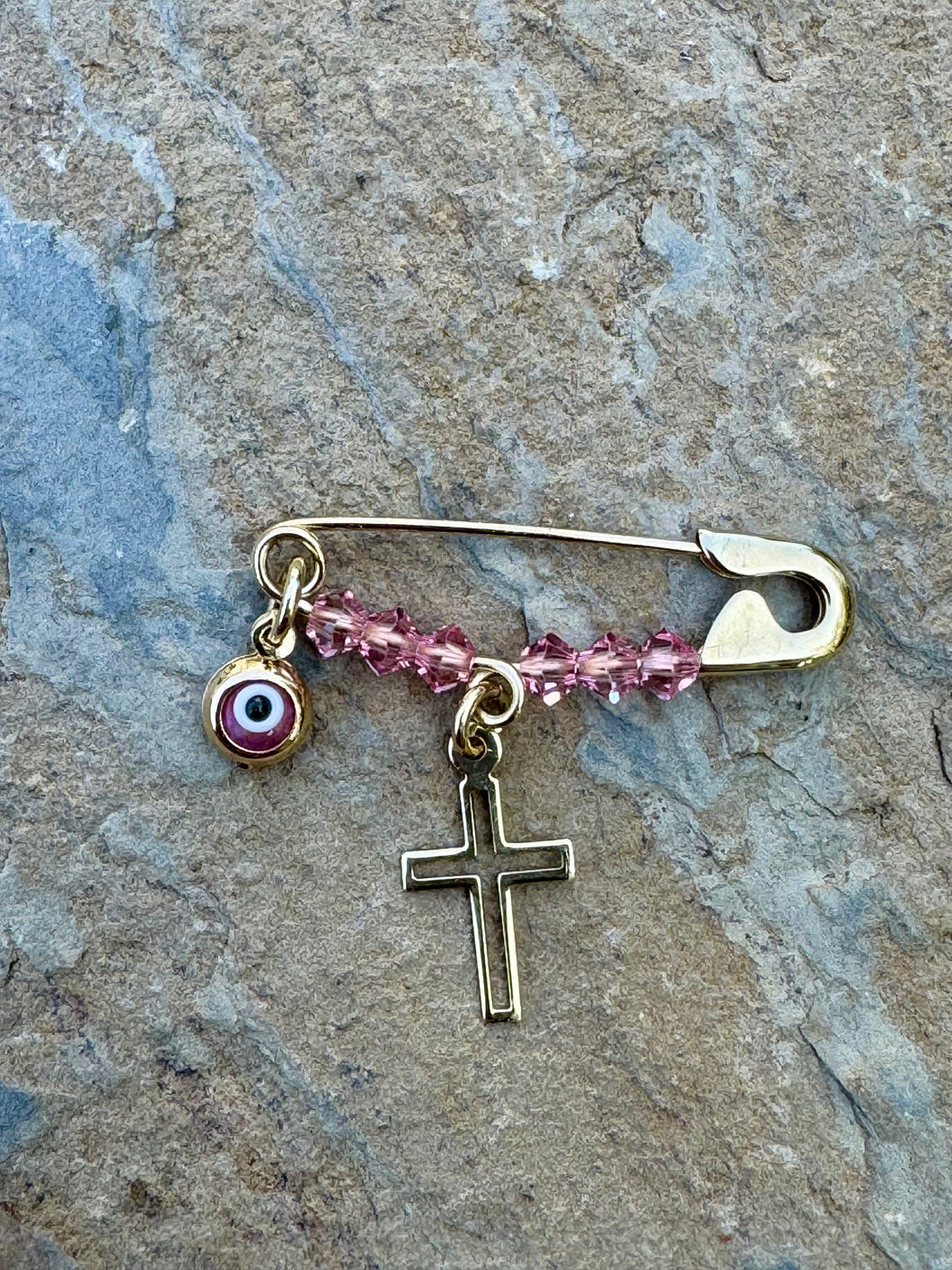 14k Yellow Gold Beaded Filaxto Pin with Cross and Mati Pendants GP202521