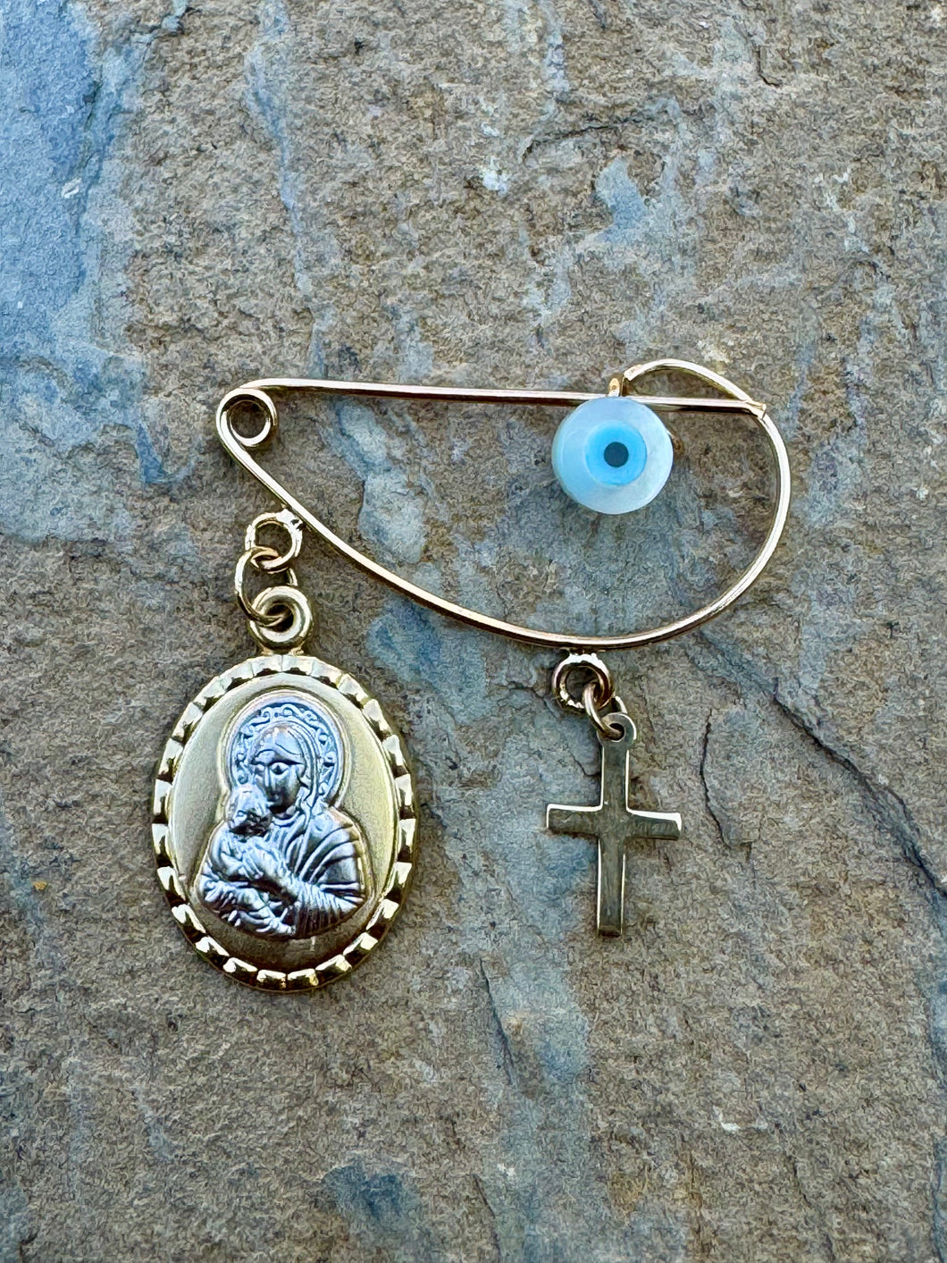 14k Yellow and White Gold Filaxto with Mati, Cross and Oval Panagia Pendants GP202518