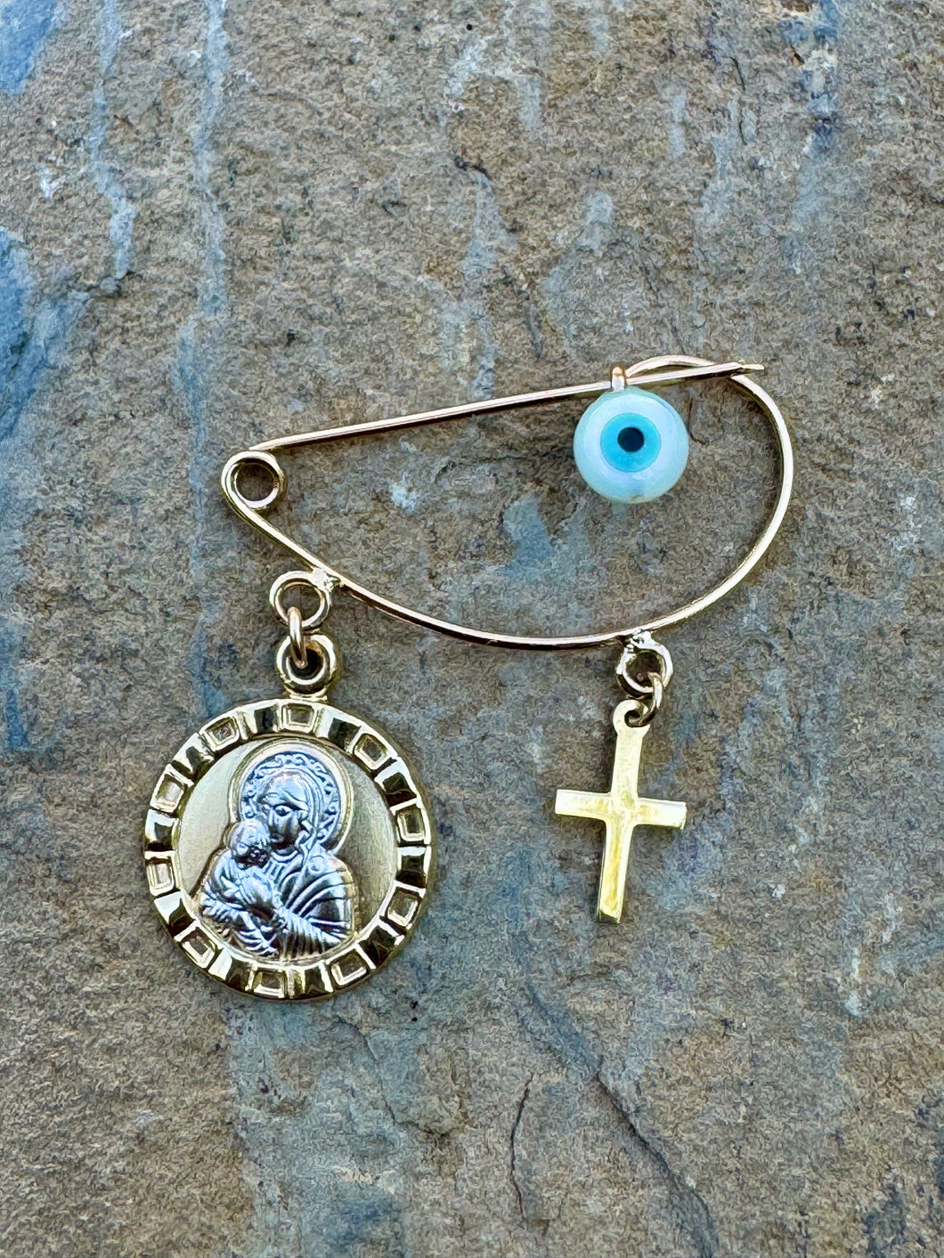 14k Yellow and White Gold Filaxto with Mati, Cross and Round Panagia Pendants GP202517