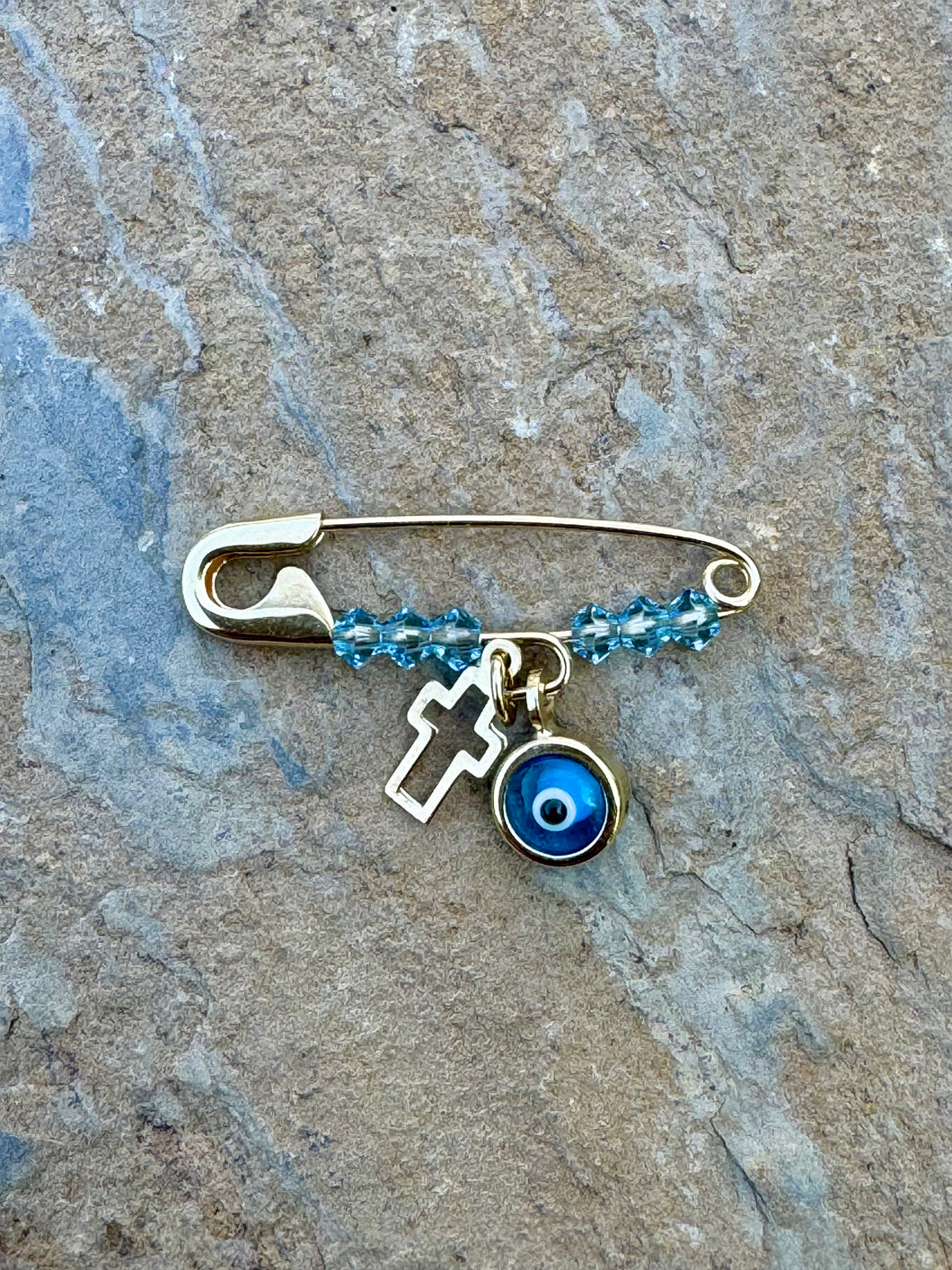 14k Yellow Gold Beaded Filaxto Pin with Cross and Mati Pendants GP202520