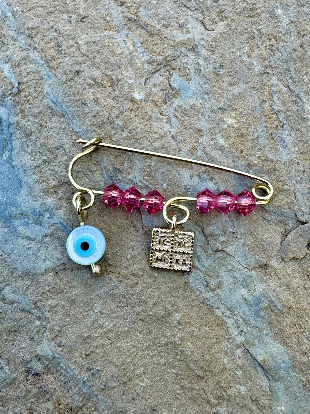 14k Yellow Gold Beaded Filaxto Pin with Small Square Konstantinato and Mati Pendants GP202527