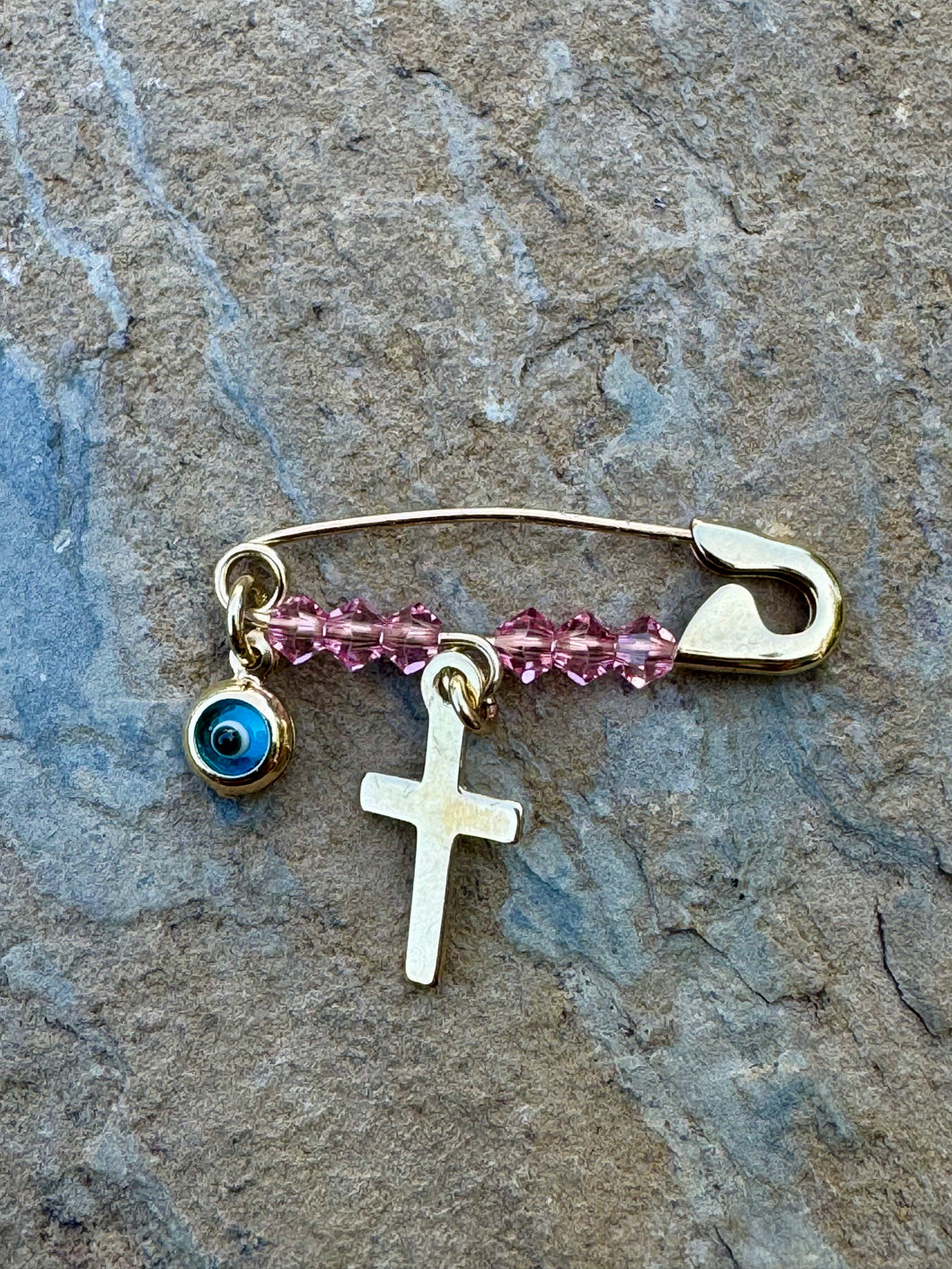 14k Yellow Gold Beaded Filaxto Pin with Cross and Mati Pendants GP202523