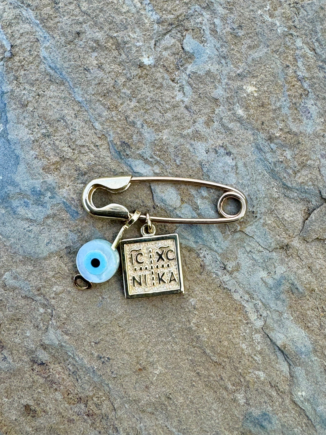 14k Yellow Gold Filaxto Pin with Small Square Konstantinato and Mati Pendants GP202526