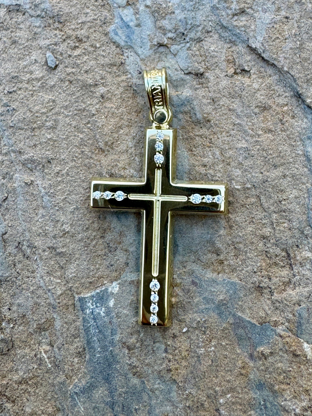 Triantos 14k Yellow Gold Polished and Brushed Cross with Precious Stones 4.61g TGC202553