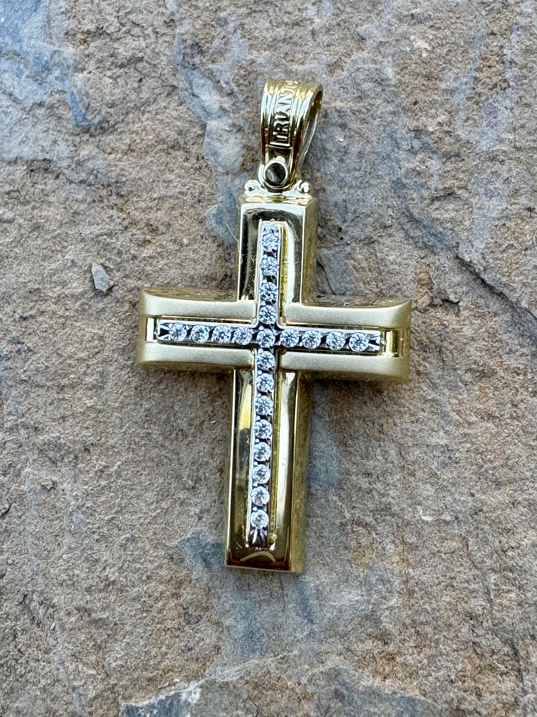 Triantos 14k Yellow Gold Polished and Brushed Cross with Precious Stones 4.61g TGC202551