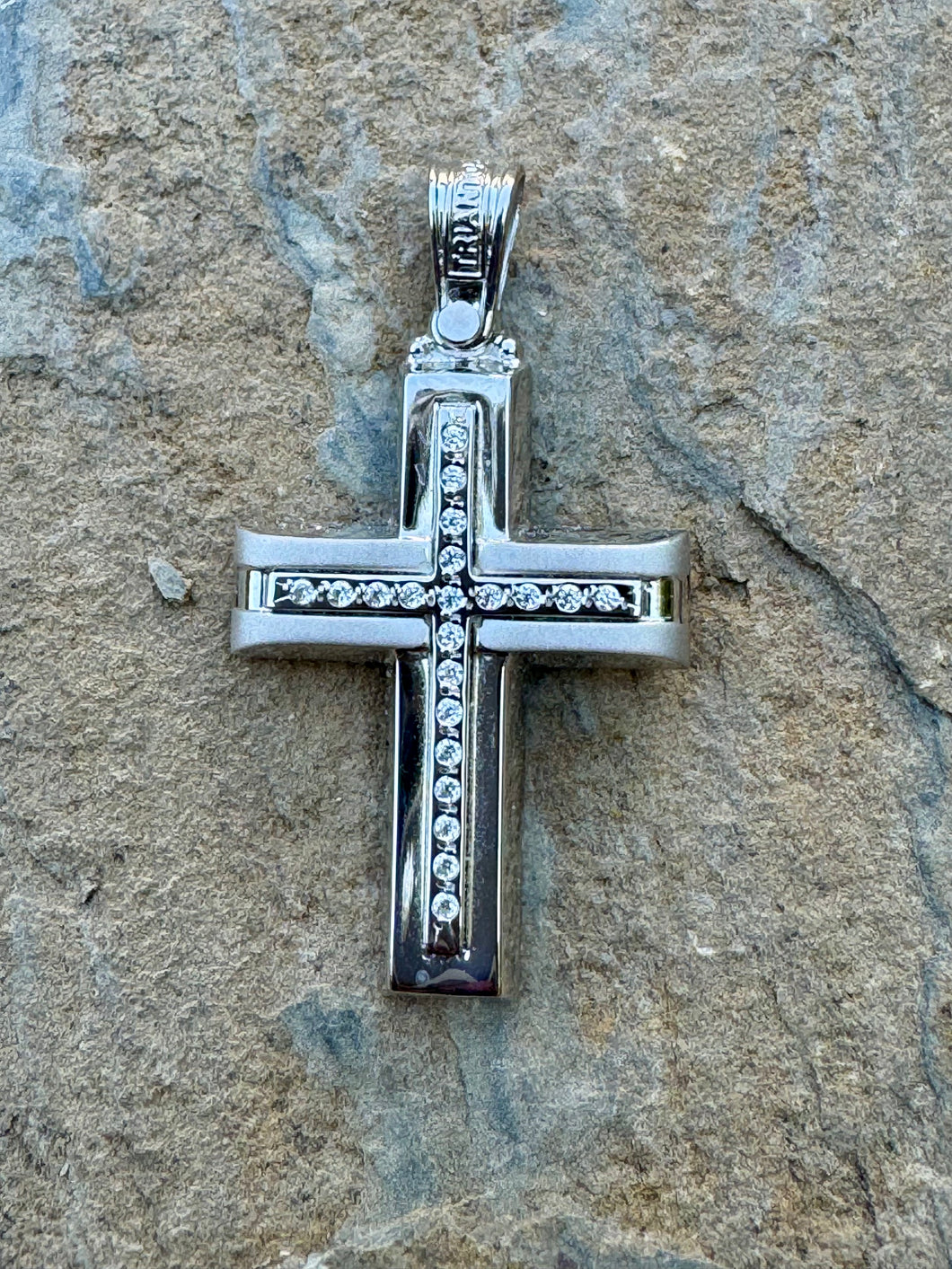 Triantos 14k White Gold Polished and Brushed Cross with Precious Stones 4.61g TGC202550