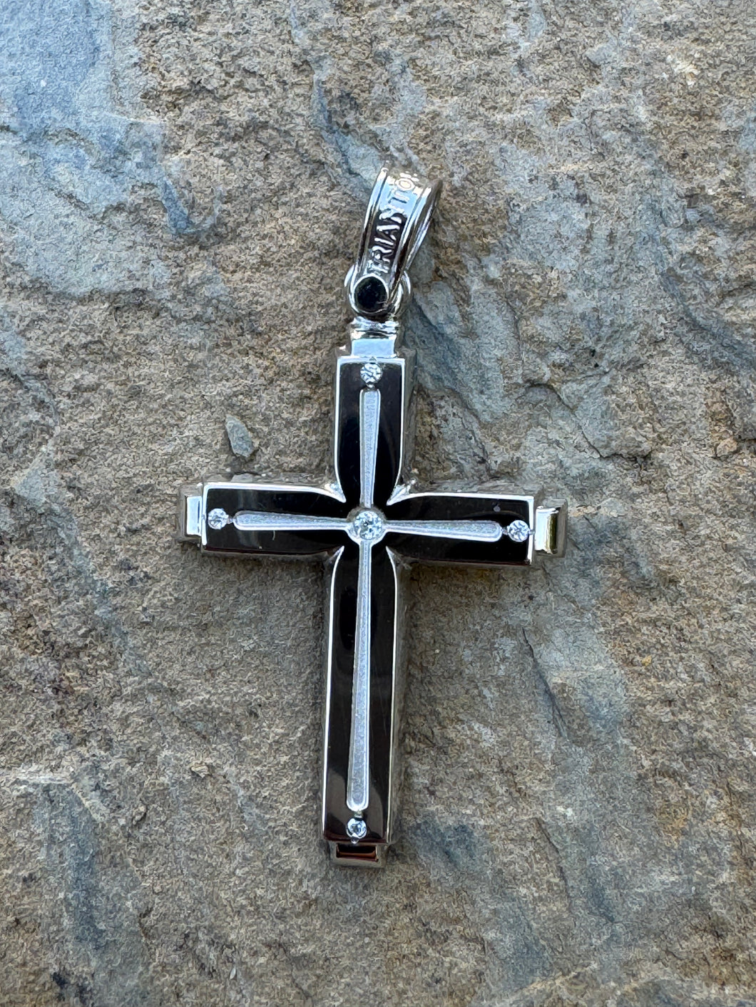Triantos 14k White Gold Polished and Brushed Cross with Precious Stones 2.21g TGC202556