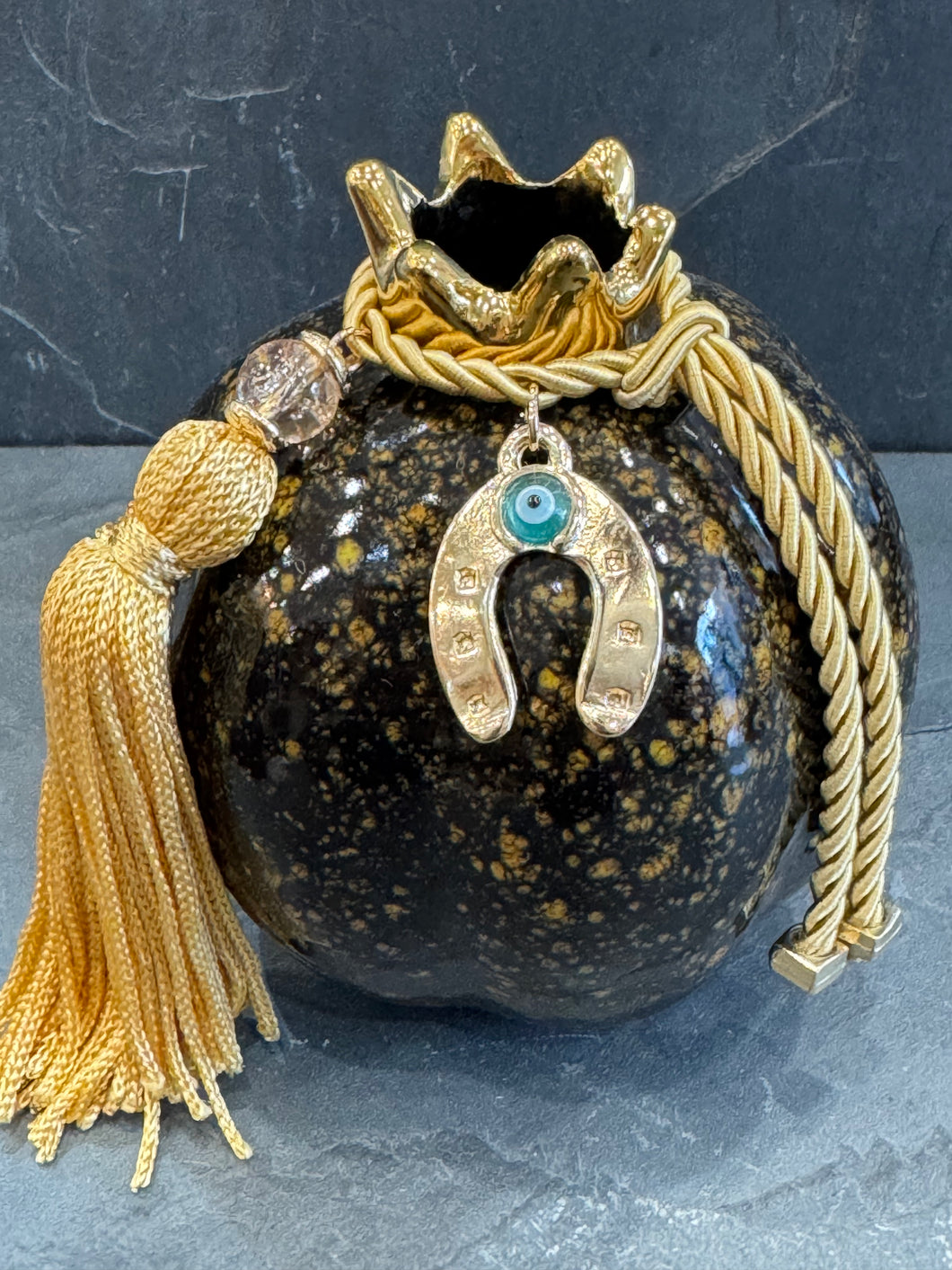 Table Top Ceramic Pomegranate Dark with Gold Accents P2602