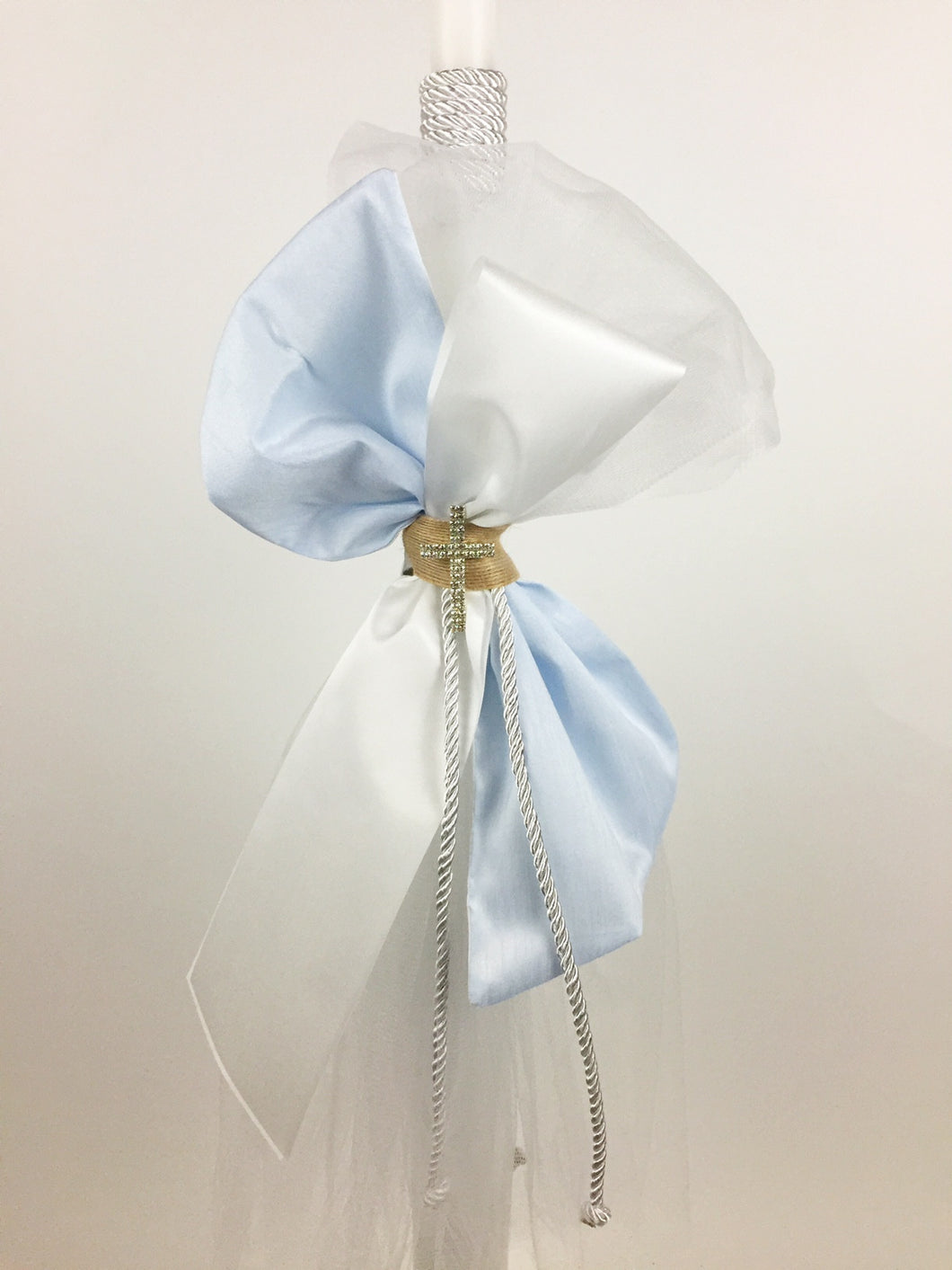 White and Light Blue with Cross Broach Baptismal 32” Candle C23120