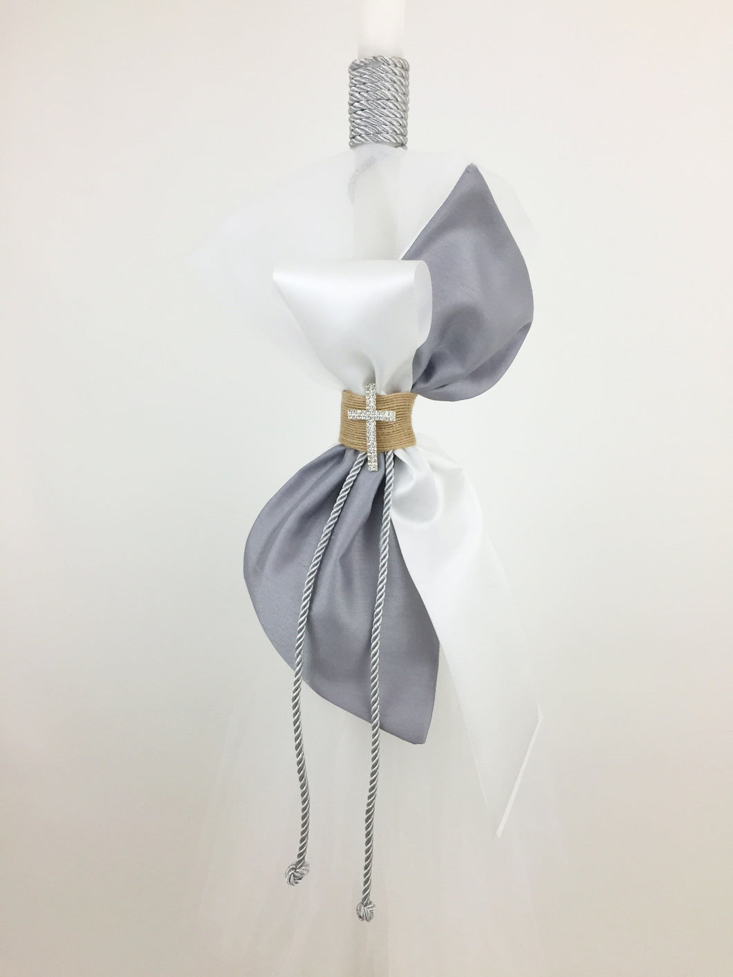 White and Grey with Cross Broach Baptismal 32” Candle C23145