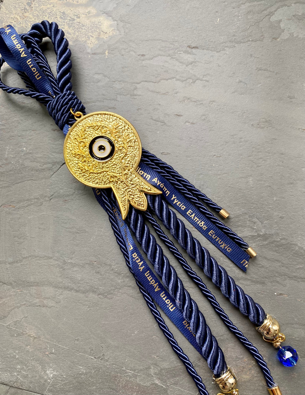 Good Luck Gouri with Metal Pomegranate on Navy Blue Rope with Greek Ribbons and Charms GG202321