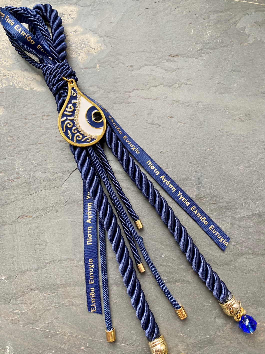Good Luck Gouri with Metal Mati on Navy Blue Rope with Greek Ribbons and Charms GG202319