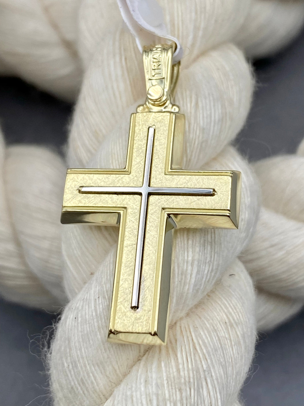 Triantos 14k 2 Tone White and Yellow  Gold Cross Polished  and Brushed 4.48g 222540