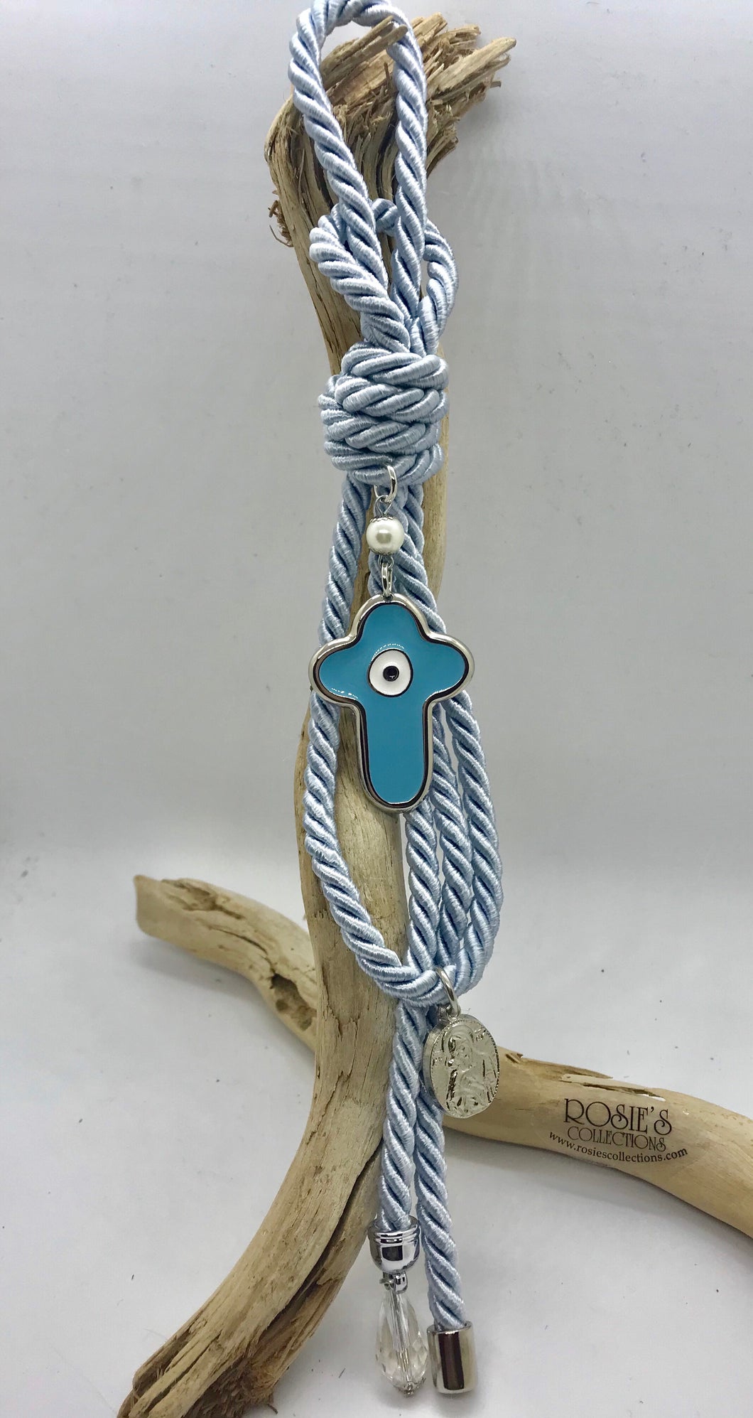 Gouri 27 Baby Blue Rope With Large Metal Baby Blue Cross With Mati and Hanging Panagia Pendant