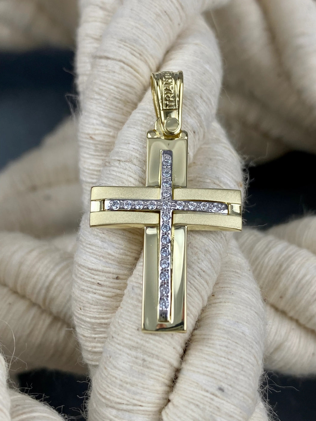 Triantos 14k Yellow Gold Cross Polished and Brushed with Precious Stones 222116