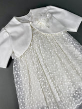 Load image into Gallery viewer, Dress 66 Girls Baptismal Christening Embroidered French Lace with Cap Sleeves, matching Bolero and Hat. Made in Greece exclusively for Rosies Collections
