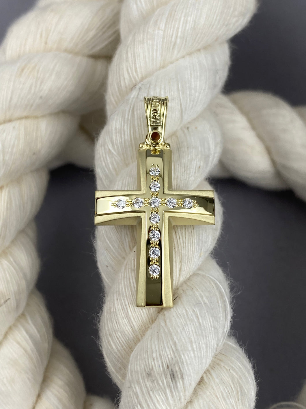 Triantos 14k Yellow Gold Cross Polished and Brushed with Precious Stones 222434