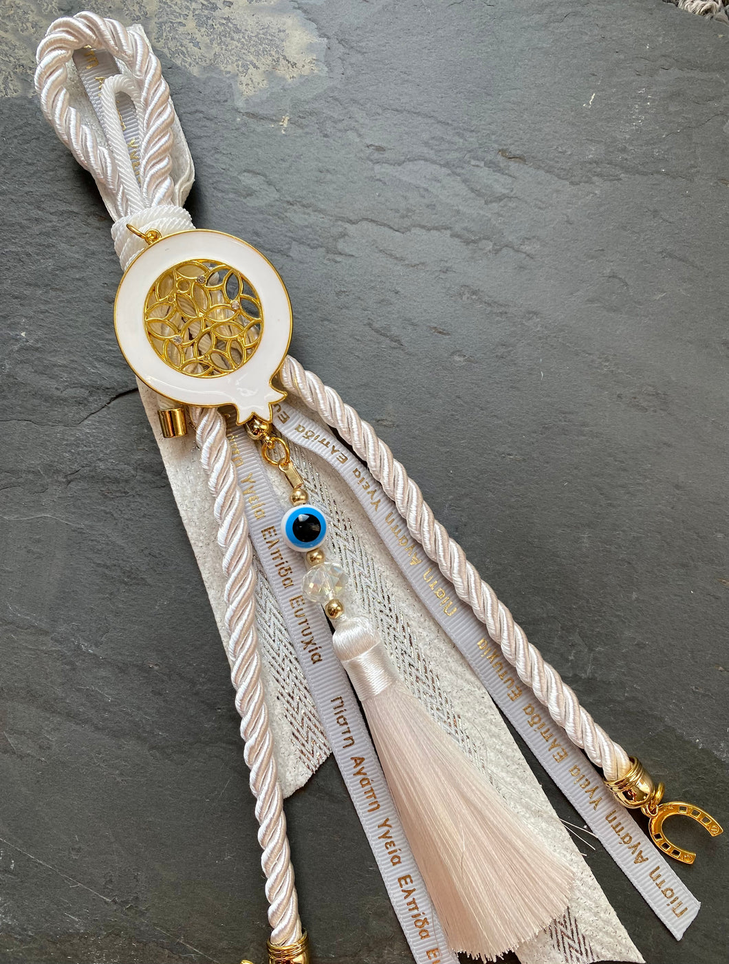 Good Luck Gouri with Metal Pomegranate on White Rope with Mati Tassel  and Charms GG20238