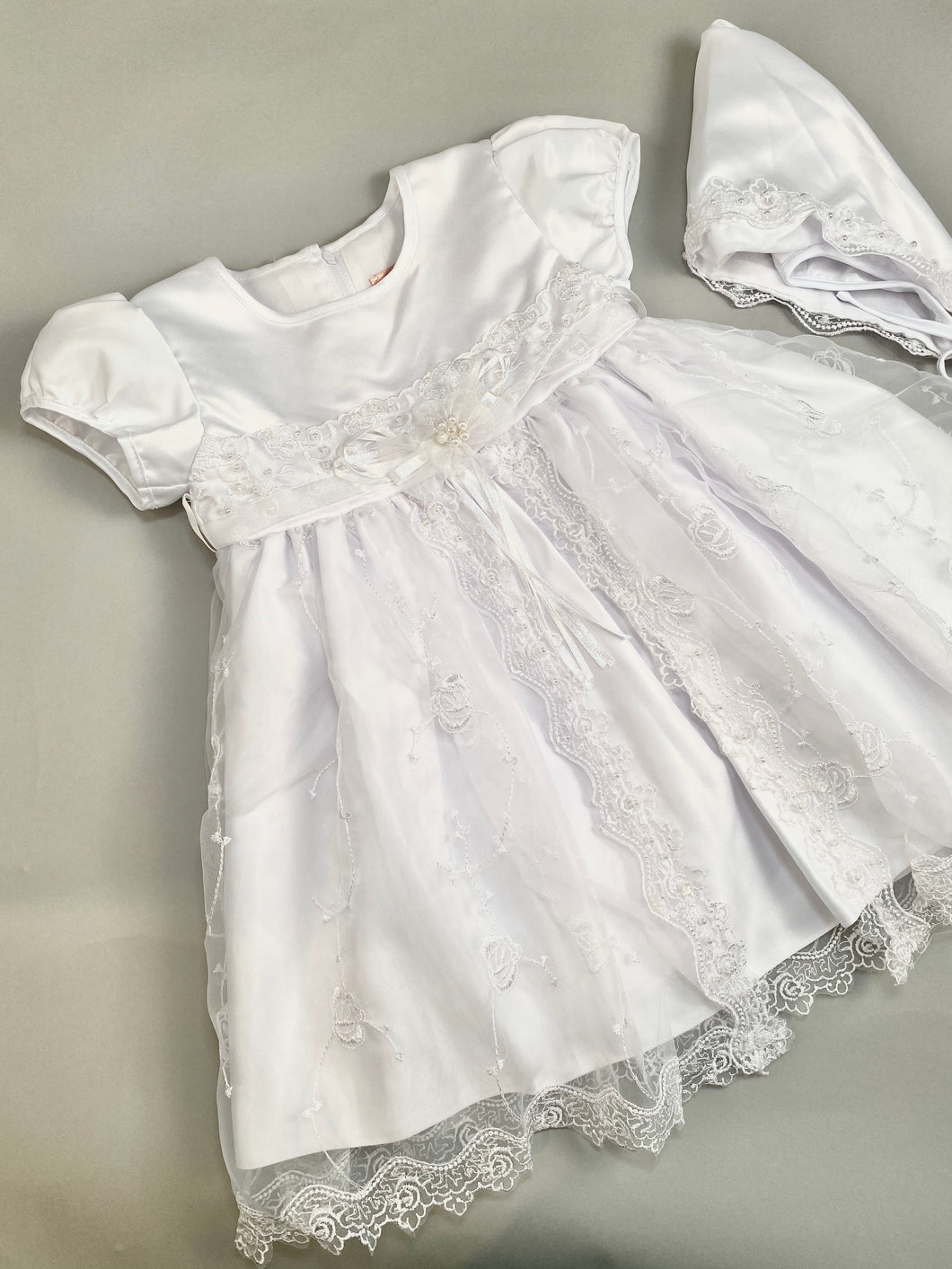 Dress 8 Girls Christening Baptismal Embroidered Lace Pearl Beaded Dress with Matching Hat