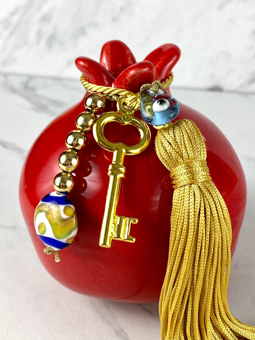 Large Pomegranate with large Tassel, Metal key with beads and Murano Glass bead