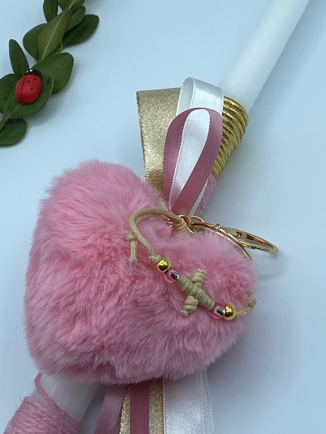 Corded Easter Candle with Heart PomPom Keychain and Adjustable Cross Bracelet EC202213