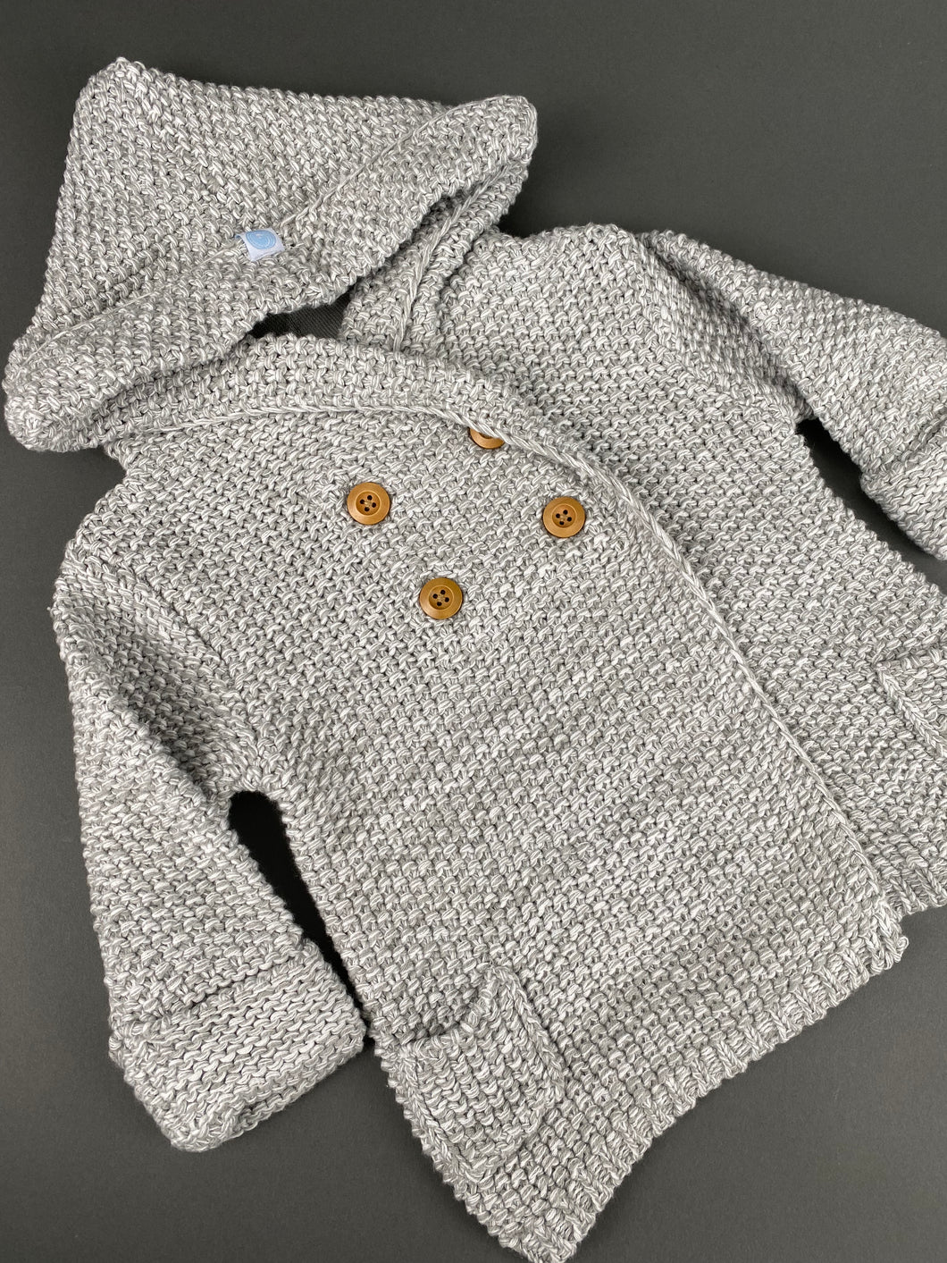 Grey Knitted Sweater with Hoodie and Wooden Buttons 100% Cotton KS2