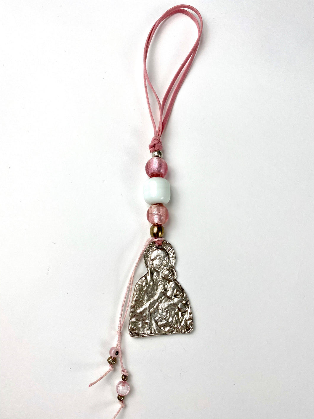 Panagia Icon with pink Murano Beads, and Mati beads 10” length