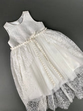 Load image into Gallery viewer, Dress 72 Girls Baptismal Christening  French Lace Dress with Tail, removable Skirt Overlay, matching Bolero and Hat. Made in Greece exclusively for Rosies Collections
