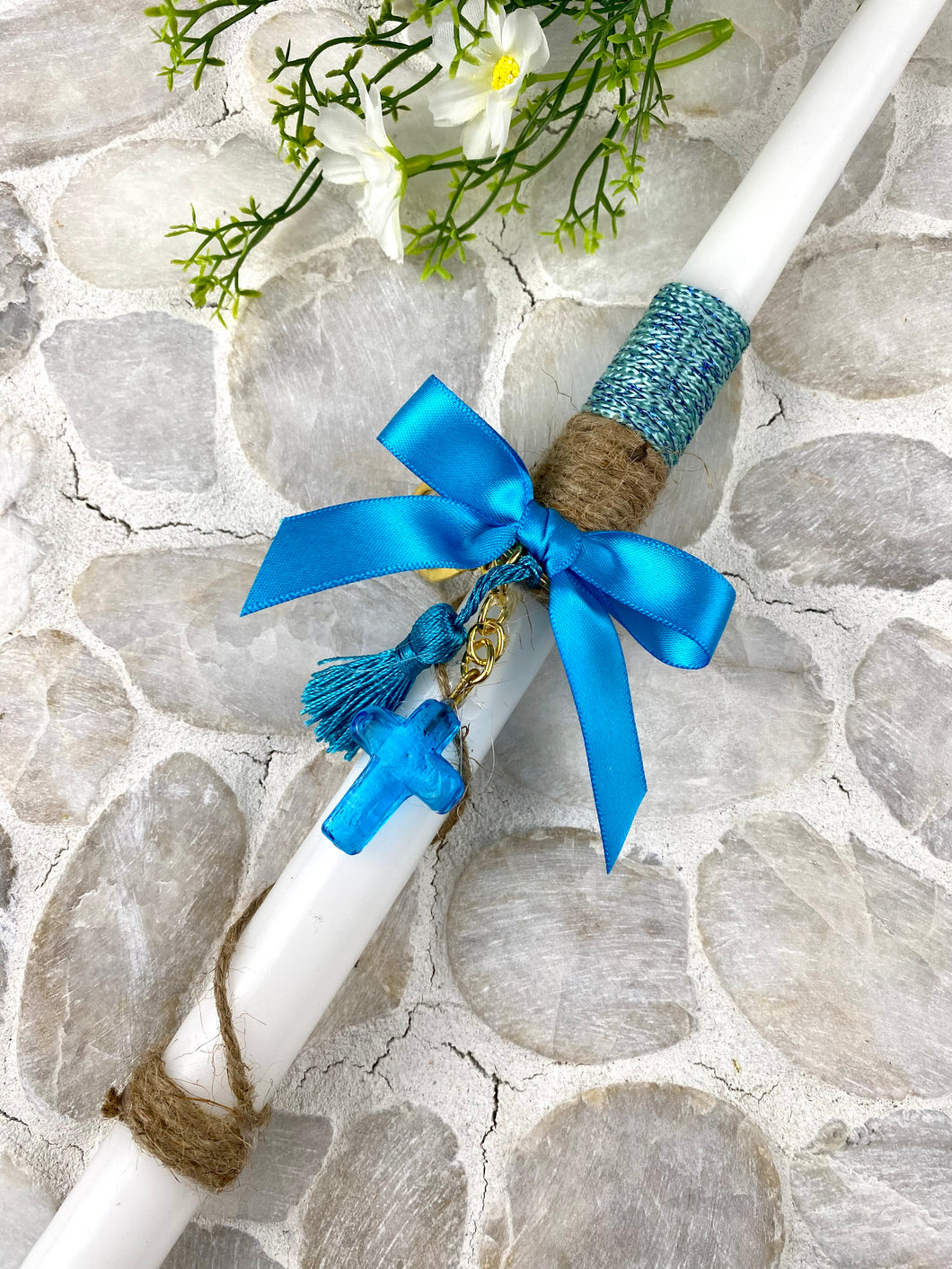 Corded Easter Candle with Turquoise Cross and Tassel Keychain  EC202371