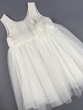 Load image into Gallery viewer, Dress 61 Girls Baptismal Christening Dress with French lace sequence top and glitter skirt, matching Bolero and Hat. Made in Greece exclusively for Rosies Collections.
