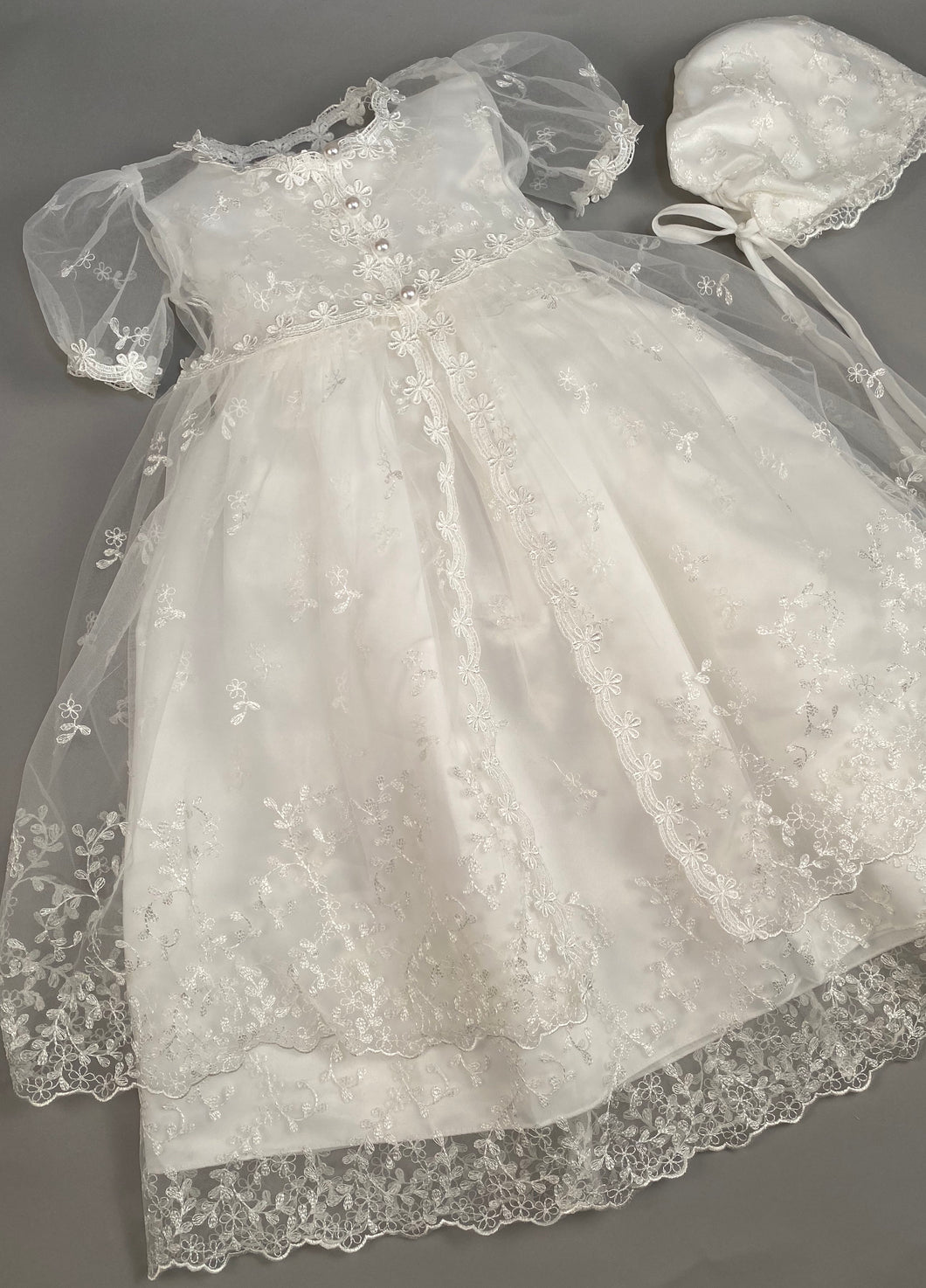 Lace Gown 2 Girls Christening Baptismal Embroidered Lace Gown with Matching Cape and Hat