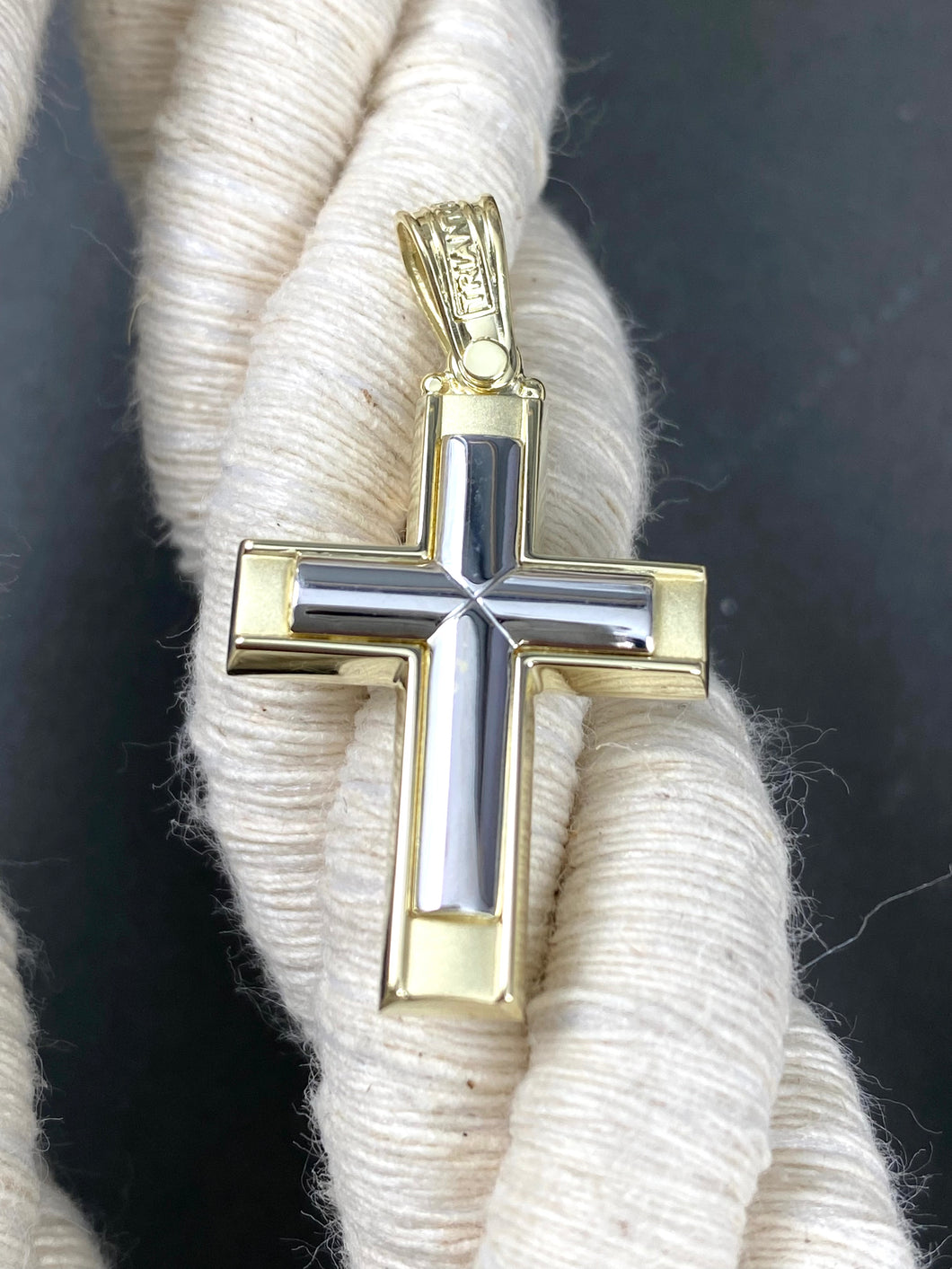 Triantos 14k 2 Tone White and Yellow Gold Polished and Brushed Cross 4.03g