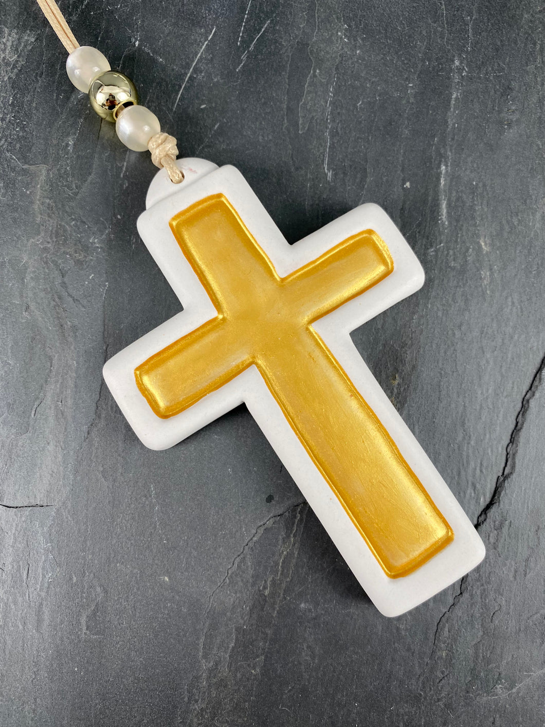 Gold and White Ceramic Hanging Cross with Murano Beads IG21