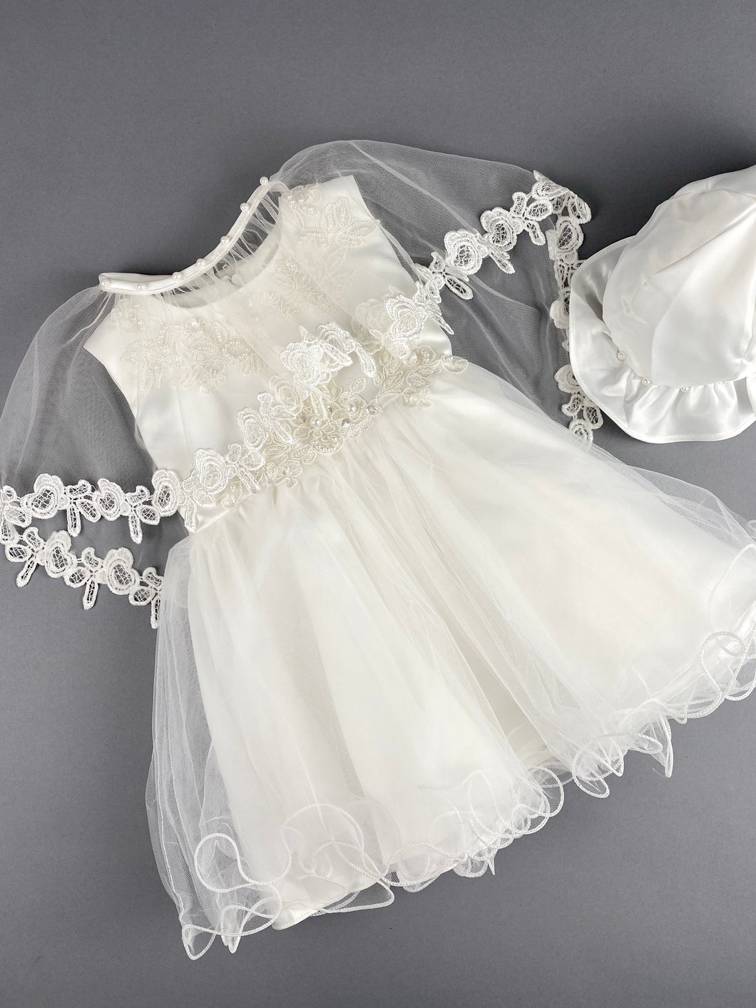 Girls Christening Baptismal Embroidered 3pc Dress 44 with Pearls, Embroidered Cape and Hat