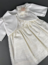 Load image into Gallery viewer, Dress 67 Girls Baptismal Christening Embroidered French Lace with Cap Sleeves, matching Bolero and Hat. Made in Greece exclusively for Rosies Collections
