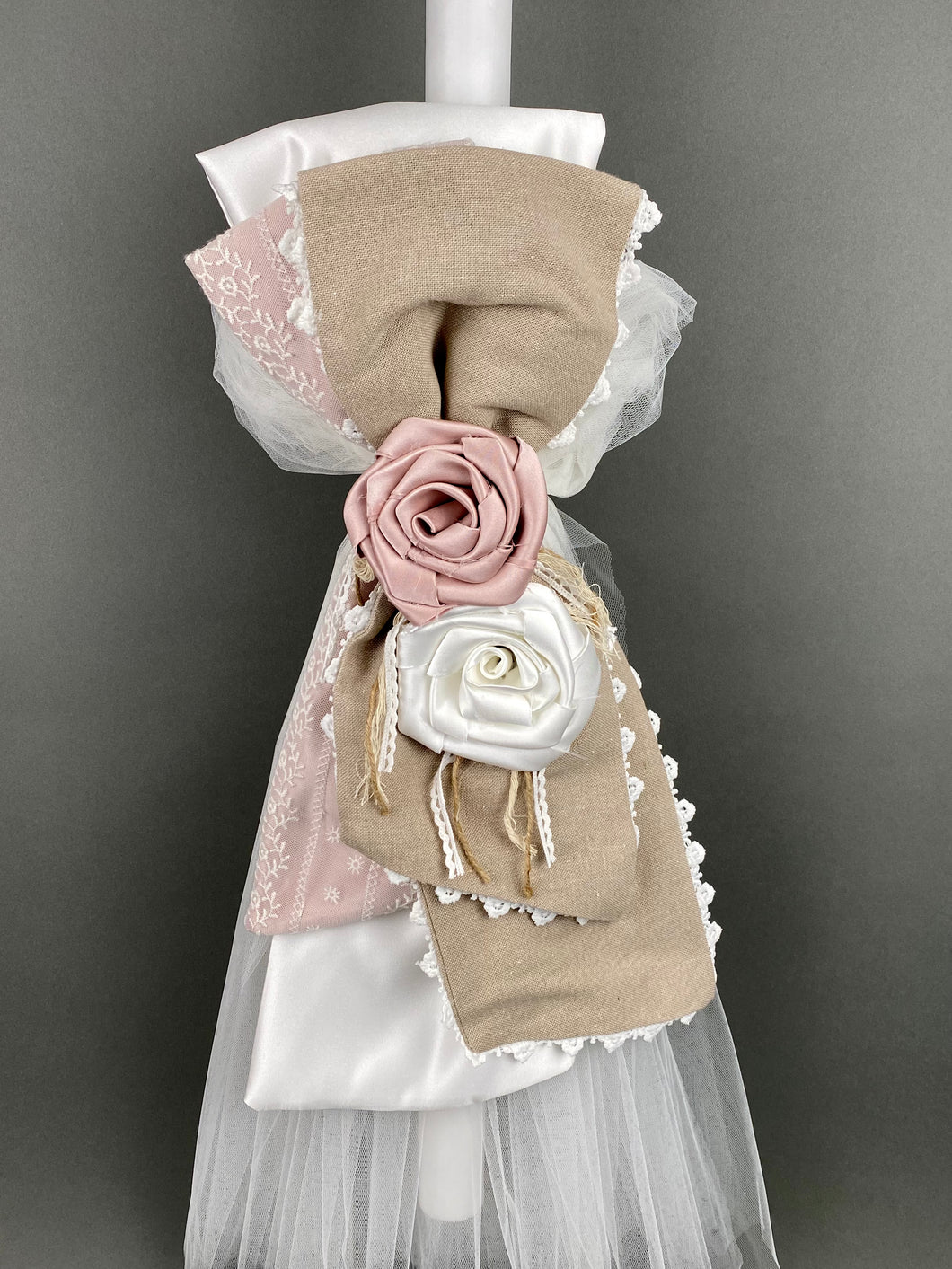 White Satin, Dusty Rose Lace with Trimmed Taupe Fabric  and Flowers 32” Baptismal Candle GC202311