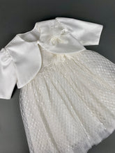 Load image into Gallery viewer, Dress 73 Girls Baptismal Christening Glitter French Lace Dress, matching Bolero and Hat. Made in Greece exclusively for Rosies Collections
