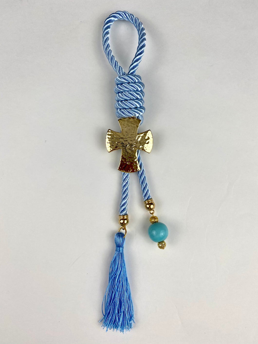Gouri 202014 Baby Blue Cord, Hammered Gold Cross with Rock Bead