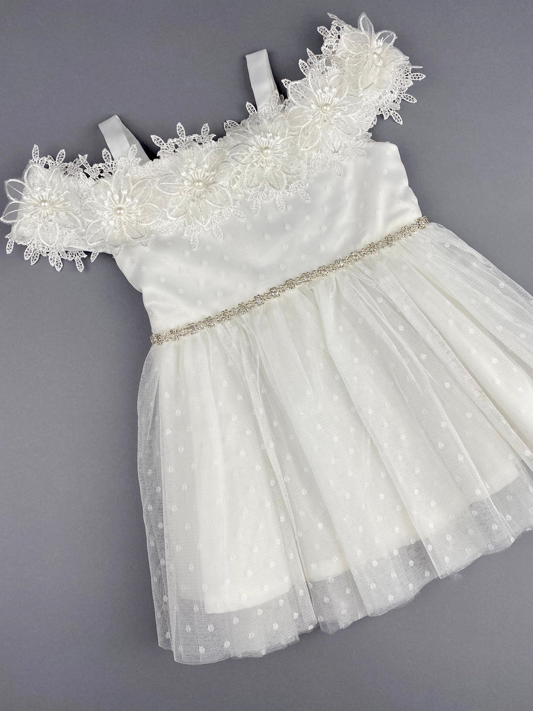 Girls Christening Baptismal Embroidered Dress 45 with Rhinestone Belt and Pearl Flowers