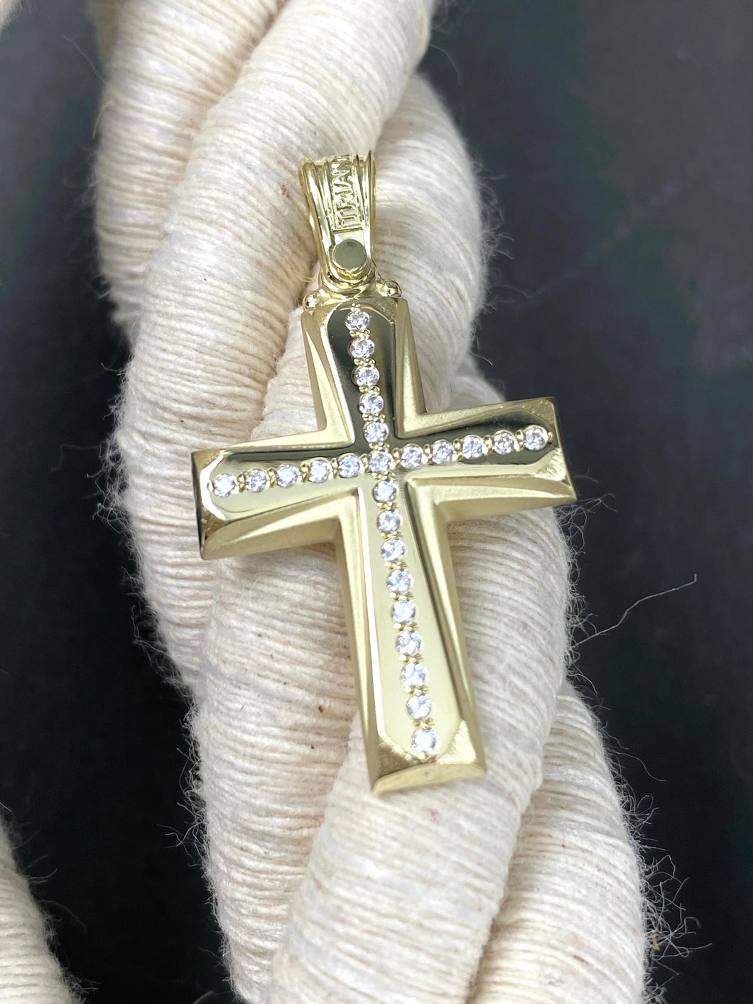 Triantos 14k 2 Tone White and Yellow Gold Polished and Brushed Cross with Precious Stones 4.04g