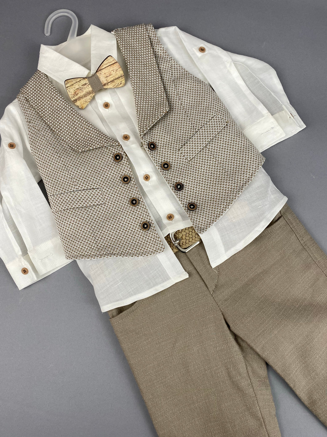 Rosies Collections 6pc Suit, Pants, Vest, Linen Dress Shirt, Wooden Bow Tie, Belt  and Fedora made in Greece,  exclusively for Rosies Collections. B20222