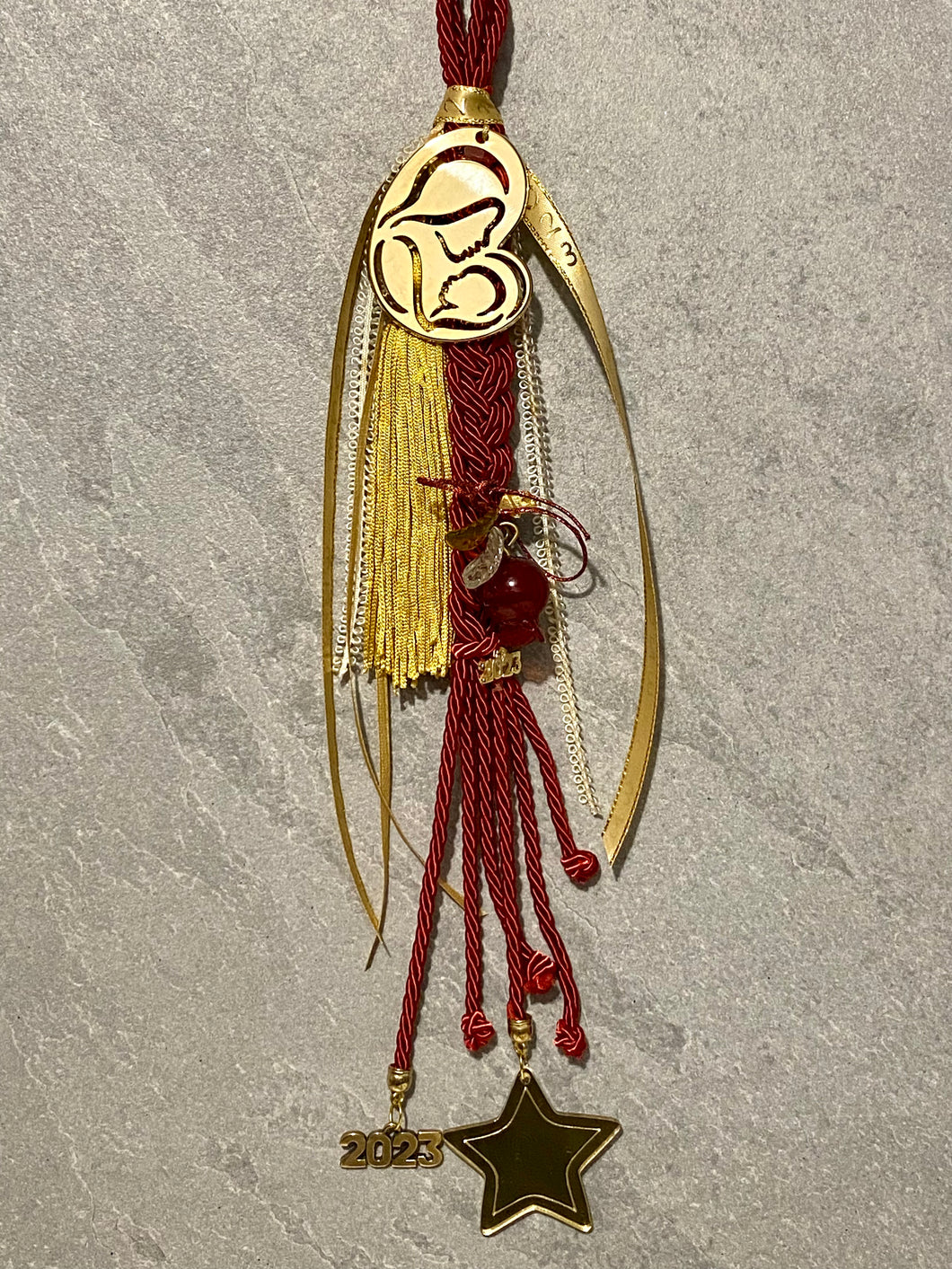 Metal Panagia Mother Mary Gouri with Charms, Glass Pomegranate, Tassel and Ribbons G233443