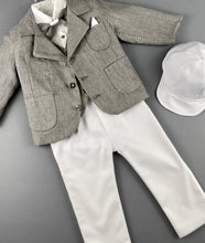 Load image into Gallery viewer, Rosies Collections 7pc full suit, Dress shirt with cuff sleeves, Bow Tie, Pants, Jacket with Matching Vest,  Belt or Suspenders &amp; Cap. Made in Greece exclusively for Rosies Collections S201928
