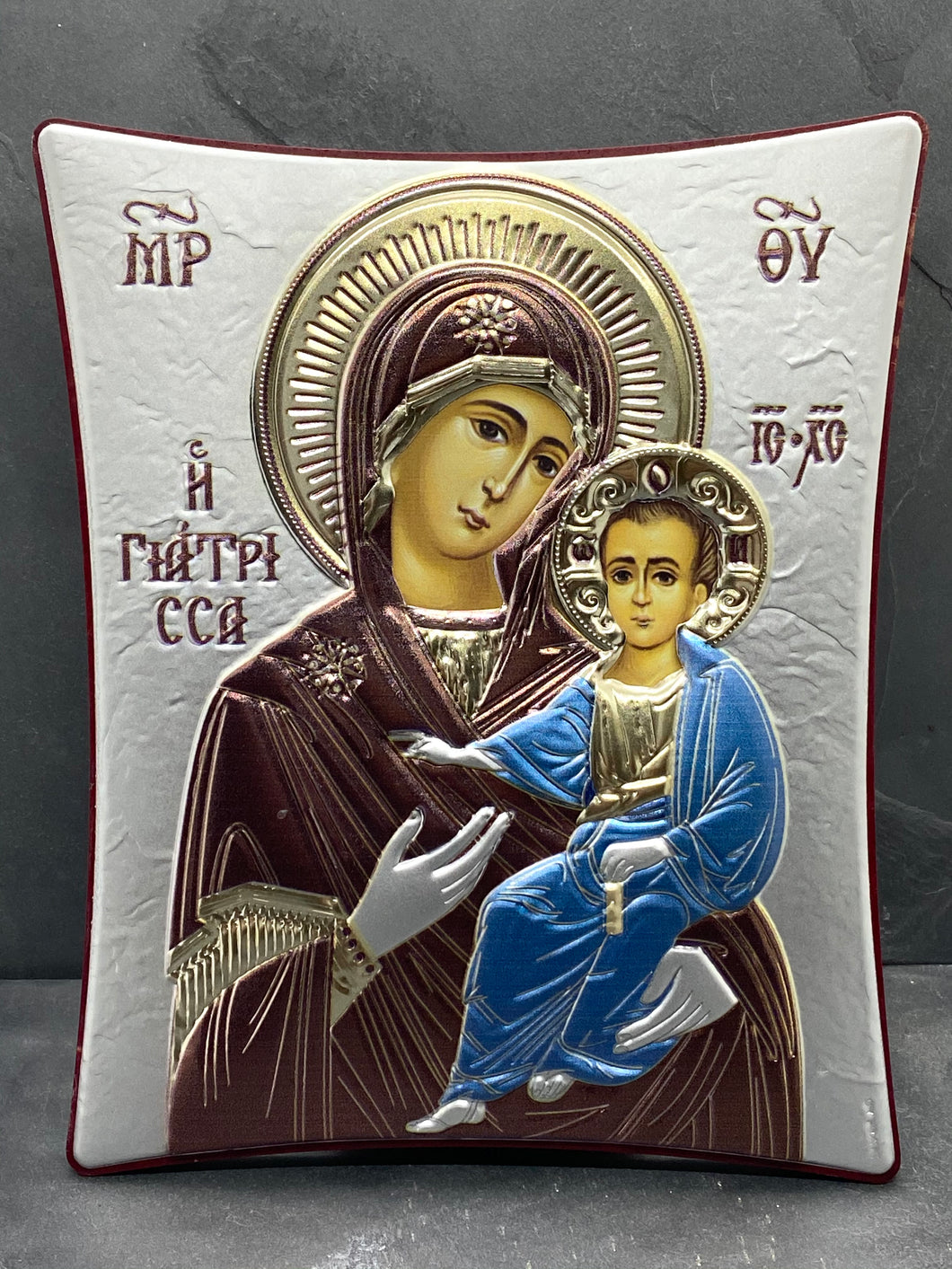 An original copy of Byzantine Holy Icon Giatrissa made with 925* Silver on Cherry Wood  SI3