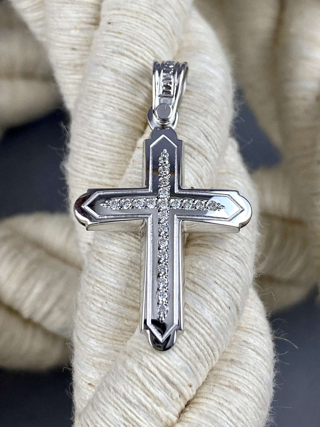 Triantos 14k White Gold Cross Polished and Brushed with Precious Stones 222127