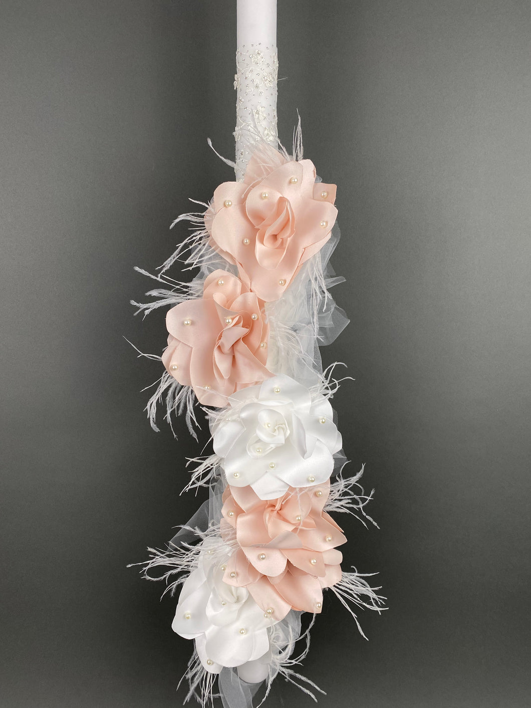 Glitter French Lace Wrapped 32” Baptismal Candle with Flowers, Pearls and Feathers GC202313